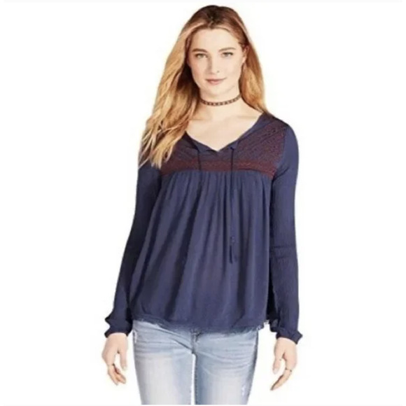 Cape Juby Flowing Long Sleeve Embroidered Tassle Peasant Boho Blouse - Picture 1 of 9